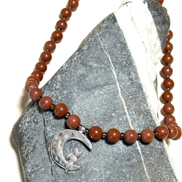Genuine Red Jasper Short Necklace, Gemstone & Silver Cat on the Moon Charm - Picture 4 of 13